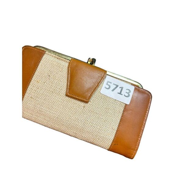 Vintage Brown Leather & Canvas  burlap Clutch Wallet With Snap Closure - Picture 12 of 12